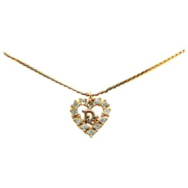 Dior-Dior Gold Logo Rhinestones Heart Pendant Necklace-Golden