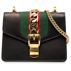 Gucci-Gucci Black Mini Sylvie Leather Chain Crossbody Bag-Black