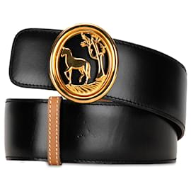 Hermès-Hermès Black Horse Tree Emblem Leather Belt-Black,Golden