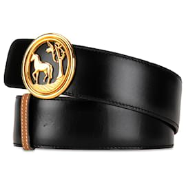Hermès-Hermès Black Horse Tree Emblem Leather Belt-Black,Golden