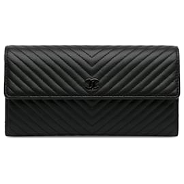 Chanel-Chanel Black CC Chevron Lambskin Long Wallet-Black