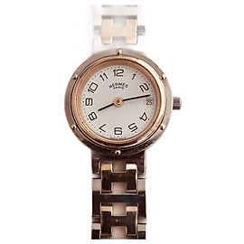 Montre Hermès Clipper acier et plaqué or blanc Blanc