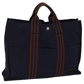 Hermès-HERMES Fourre Tout MM Hand Bag Canvas Brown Navy Auth ki4352-Brown,Navy blue