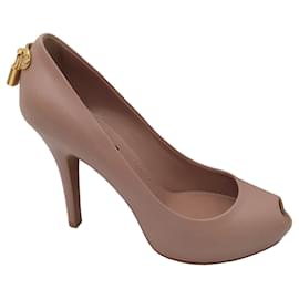 Louis Vuitton-Louis Vuitton Nude / Gold Monogram Lock Detail Calfskin Leather Peep Toe Pumps-Beige