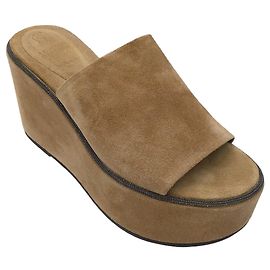 Brunello Cucinelli Beige Monili Beaded Suede Platform Wedge Slide Sandals Beige