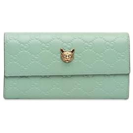 Gucci-Green Gucci Guccissima Signature Crystal Cat Continental Wallet-Green