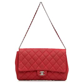 Chanel-Nuova pochette Chanel trapuntata caviale rosso su borsa a tracolla con catena-Rosso