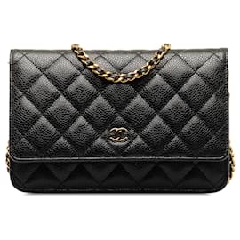 Chanel-Schwarze Umhängetasche „Chanel CC Caviar Wallet“ mit Kette-Schwarz