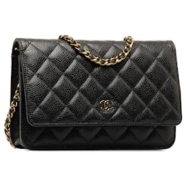 Chanel-Portafoglio nero Chanel CC Caviar su borsa a tracolla con catena-Nero
