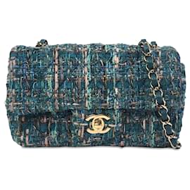 Chanel-Bolsa Chanel Mini Classic Retangular Tweed Azul com Aba Azul-Azul