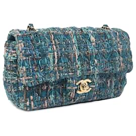 Chanel-Bolso con solapa de tweed rectangular mini clásico de Chanel azul-Azul