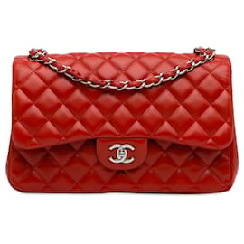 Chanel-Bolsa de ombro com aba Chanel Jumbo Classic vermelha forrada de pele de cordeiro-Vermelho
