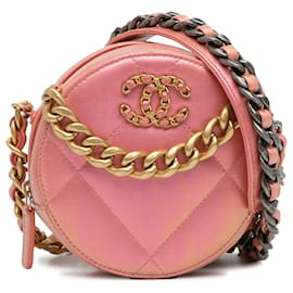 Chanel-Chanel rosa 19 Clutch redonda de pele de cordeiro com bolsa de corrente-Rosa