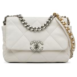Chanel-Chanel Blanco Medio 19 Bolso satchel de piel de cordero con solapa-Blanco