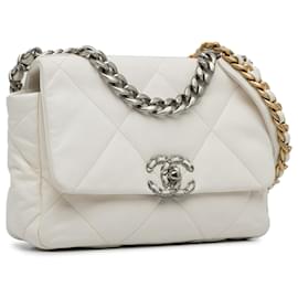 Chanel-Chanel Blanco Medio 19 Bolso satchel de piel de cordero con solapa-Blanco