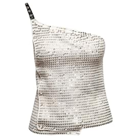 Chanel-White & Silver Chanel Knit One-Shoulder Sequined Top Size US S-White