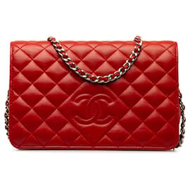Chanel-Portefeuille en cuir d'agneau Chanel Diamond CC rouge sur sac à bandoulière chaîne-Rouge