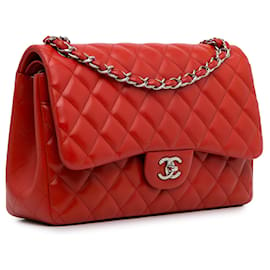 Chanel-Red Chanel Jumbo Classic Lambskin lined Flap Shoulder Bag-Red