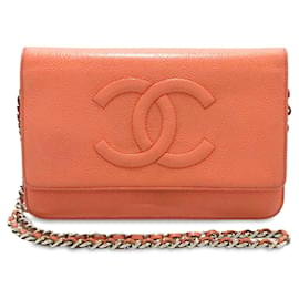 Chanel-Portafoglio arancione Chanel CC Caviar su borsa a tracolla con catena-Arancione