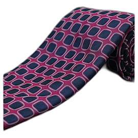 Hermès-Corbata Fucsia con Cuadros Azul Marino-Púrpura