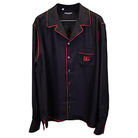 Dolce & Gabbana-Camicia da pigiama ricamata Dolce & Gabbana in raso nero-Nero