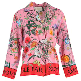 Gucci-Camisa de pijama Gucci Flora Snake em seda rosa-Rosa