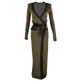 Balmain Open-Front Belted Maxi Cardigan in Green Wool Green