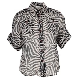 Zimmermann-Kurzärmeliges Hemd mit Zebramuster von Zimmermann aus schwarzem und weißem Leinen.-Schwarz