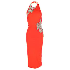 Balmain-Vestido Balmain com decote halter embelezado com cristais em viscose laranja-Laranja