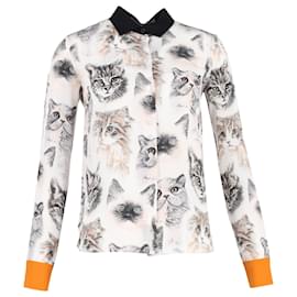 Stella Mc Cartney-Camisa Stella McCartney com estampa de gato em seda branca-Branco