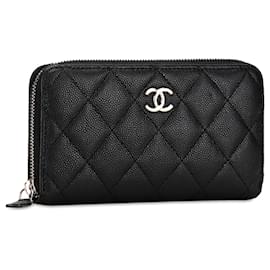 Chanel-Chanel Black CC Quilted Caviar Zip Around Wallet-Black