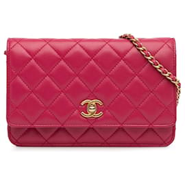 Chanel-Chanel – Geldbörse mit Kette aus rosafarbenem Lammleder mit Perlenverzierung-Pink