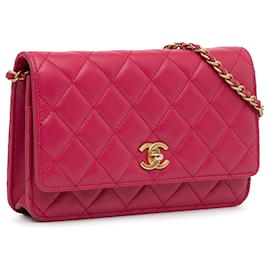 Chanel-Portefeuille Chanel en cuir d'agneau rose Pearl Crush sur chaîne-Rose