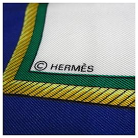 Hermès-Hermes White Les Voitures um lenço de seda de transformação-Branco,Azul