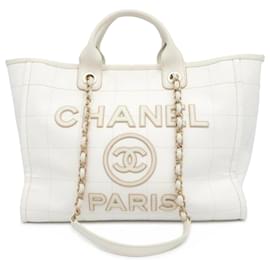 Chanel-Chanel White Medium Canvas Square Stitch Deauville Shopping Tote-White