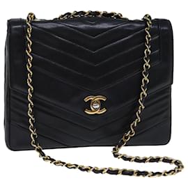 Chanel-CHANEL Bolso de mano con puntada en V y cadena con cierre giratorio Piel de cordero Negro CC Auth yk11929UNA-Negro