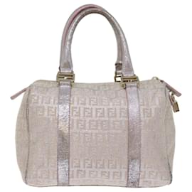 Fendi-FENDI Zucchino Canvas Hand Bag Silver Auth 70429-Silvery
