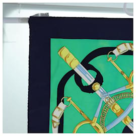Hermès-HERMES CARRE 90 Eperon d'or Scarf Silk Navy Green Auth 72050-Green,Navy blue