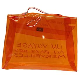 Hermès-HERMES Vinyl Kelly Hand Bag Vinyl Orange Auth 72352-Orange