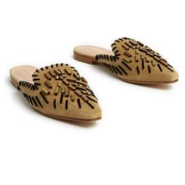 Alberta Ferretti-Alberta Ferretti Flats Mules EU39 Bege Camurça Pérolas US8-Bege