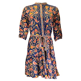 Autre Marque-Saloni Blue Multi Floral Printed Belted Silk Dress-Multiple colors