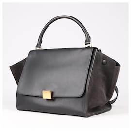 Céline-CELINE Medium Trapeze Leather and Suede 2way Handbag in Black-Black