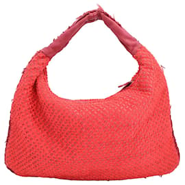 Bottega Veneta-Bottega Veneta Distressed Fringe Ponza Hobo Bag in Red Leather-Red