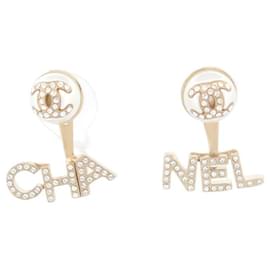 Chanel-NEUF BOUCLES D'OREILLES CHANEL PENDANTES LOGO CC CHA NEL & STRASS EARRINGS-Doré