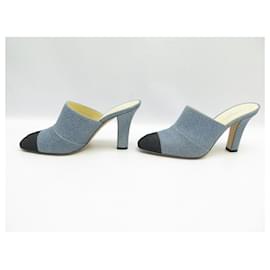 Chanel-NOVOS SAPATOS CHANEL CC G MULES DE SALTO COM LOGOTIPO32858 38 SAPATO SANDÁLIA DENIM-Azul