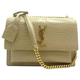 NEUF SAC A MAIN SAINT LAURENT SUNSET MEDIUM 442906 CUIR PRUNE EFFET CROCO Beige