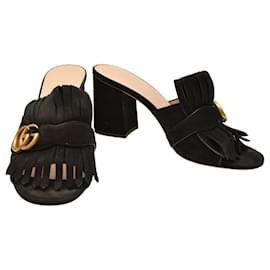 Gucci-GUCCI Black Suede Marmont Peep Toe Kiltie Mule Heels Size 40 IT / 10 US-Black