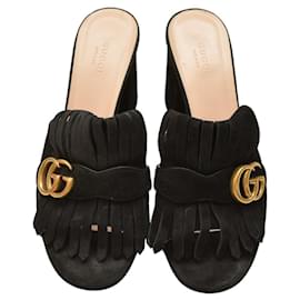 Gucci-GUCCI Black Suede Marmont Peep Toe Kiltie Mule Heels Size 40 IT / 10 US-Black