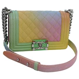 Chanel-CHANEL Matelasse Boy Chanel Chain Shoulder Bag Leather Rainbow CC Auth 71579S-Other