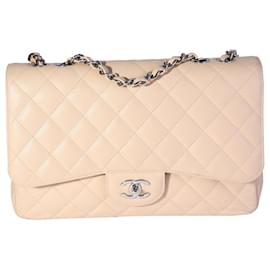 Chanel-Chanel Beige Quilted Caviar Jumbo Classic Single Flap Bag-Brown,Beige